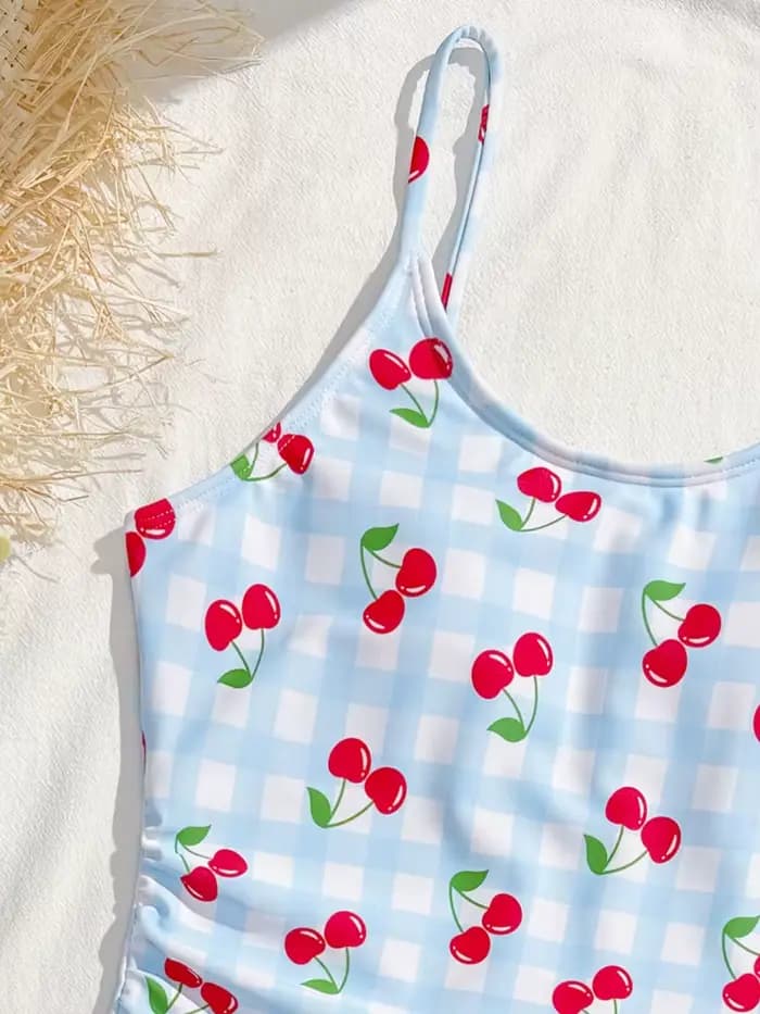 Maillot de bain une pièce pour filles, nouvelle collection 2026, motif bleu à carreaux et cerises, avec bretelles, maillot de bain pour enfants, tenue de plage estivale en maille, paréo de bain