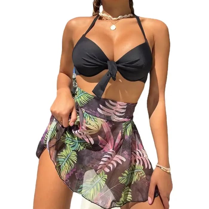 Bikinis 3 pièces avec kimono pour femme, maillot de bain taille haute, push-up, cover-up, imprimé tropical, vêtements de plage, 2023