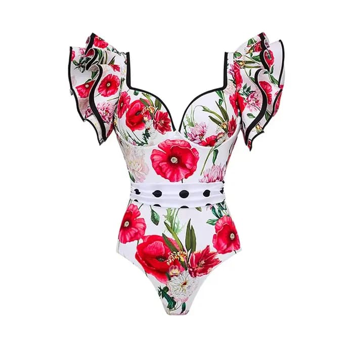 Maillot de bain une pièce vintage à volants imprimé floral rouge et jupe assortie