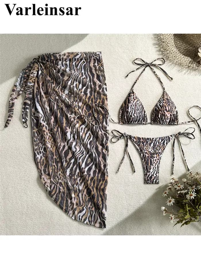 Maillot de bain trois pièces pour femme, motif léopard avec sarong, bikini à bretelles, ensemble de maillot de bain rembourré, V7845