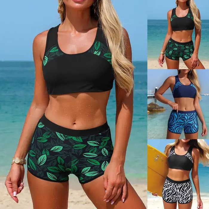 Maillot de bain deux pièces, ensemble bikini imprimé feuilles, vêtements de plage athlétiques, maillot de bain confortable pour femmes, vacances en bord de mer