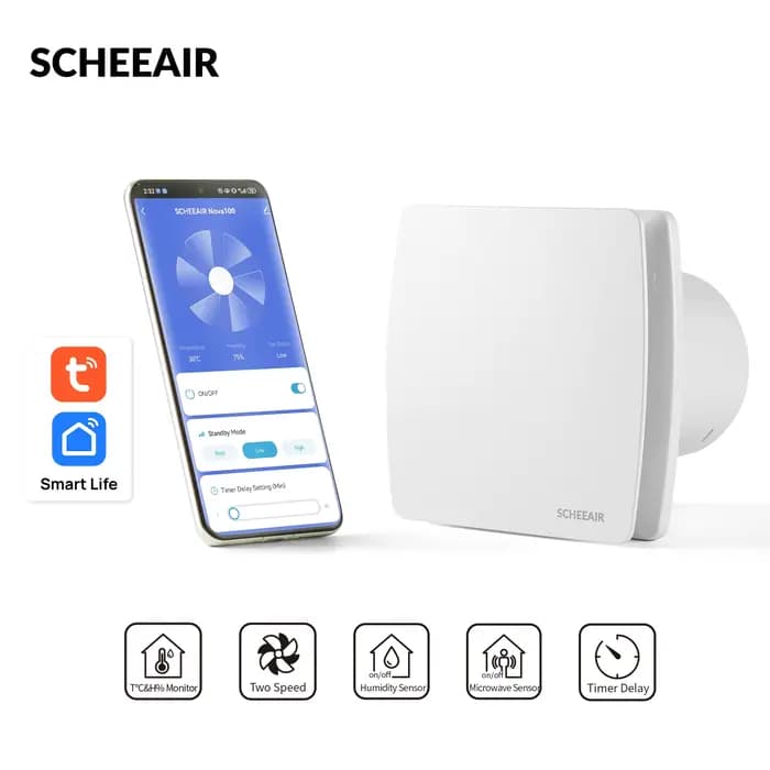 SCHEEAIR Ventilateur d'extraction d'air intelligent WIFI pour salle de bain 100 mm – Ventilateur de ventilation avec capteur d'humidité, capteur de mouvement et minuterie