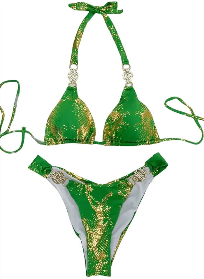 Peau de serpent imprimé licou diamant Bikini ensemble 2024 strass femmes maillots de bain licou String femme maillot de bain coupe haute maillot de bain