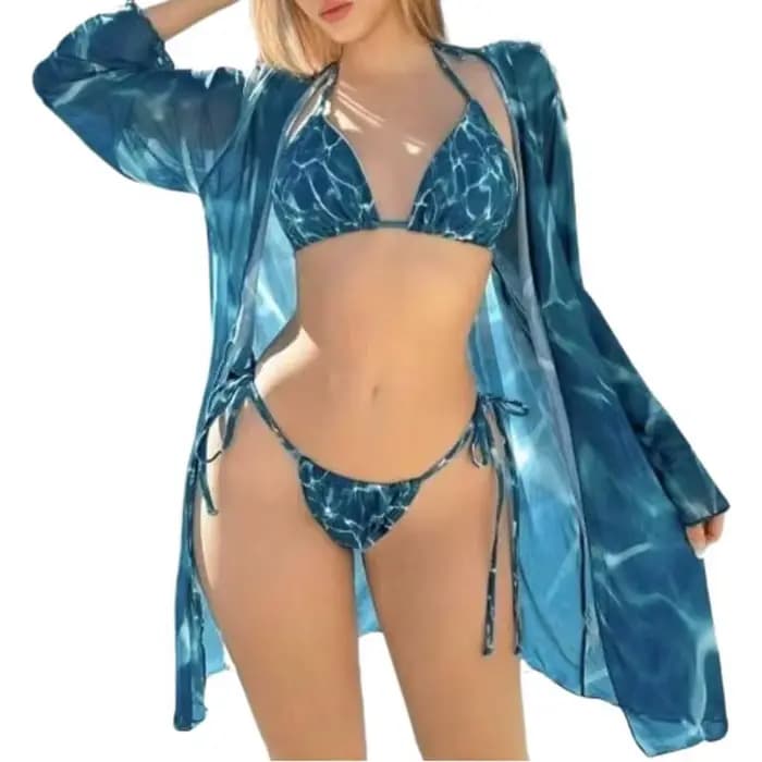 Floral bleu plage maillot de bain en mousseline de soie à manches longues 3 pièces ensemble de Bikini pure
