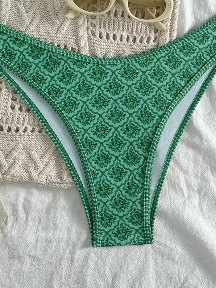 Bikini Bandeau Sexy 2026 Femme Vert Floral Plissé Push-Up Rembourré String Maillot de Bain Été Deux Pièces Biquini