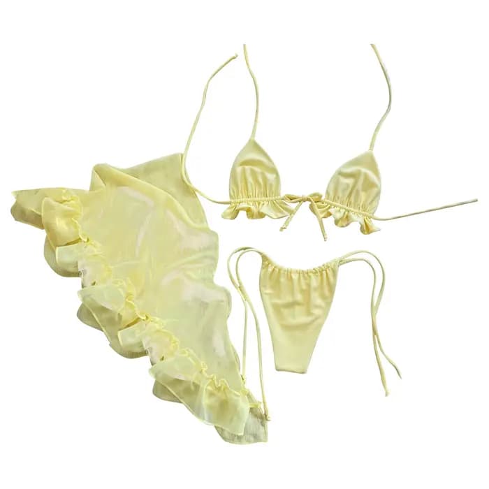 Maillot de bain sexy à lacets pour femme, ensemble bikini avec jupe plissée en maille, maillot de bain plissé à volants, bikini en V