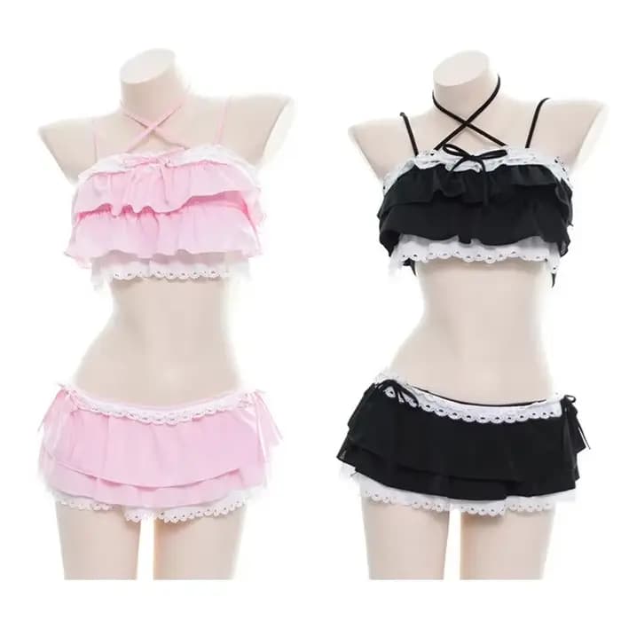 Mignon filles Lolita à volants Bikini Sukumizu Cosplay couleur rose et noir maillot de bain évidé multicouche ourlet Biquini femmes maillots de bain