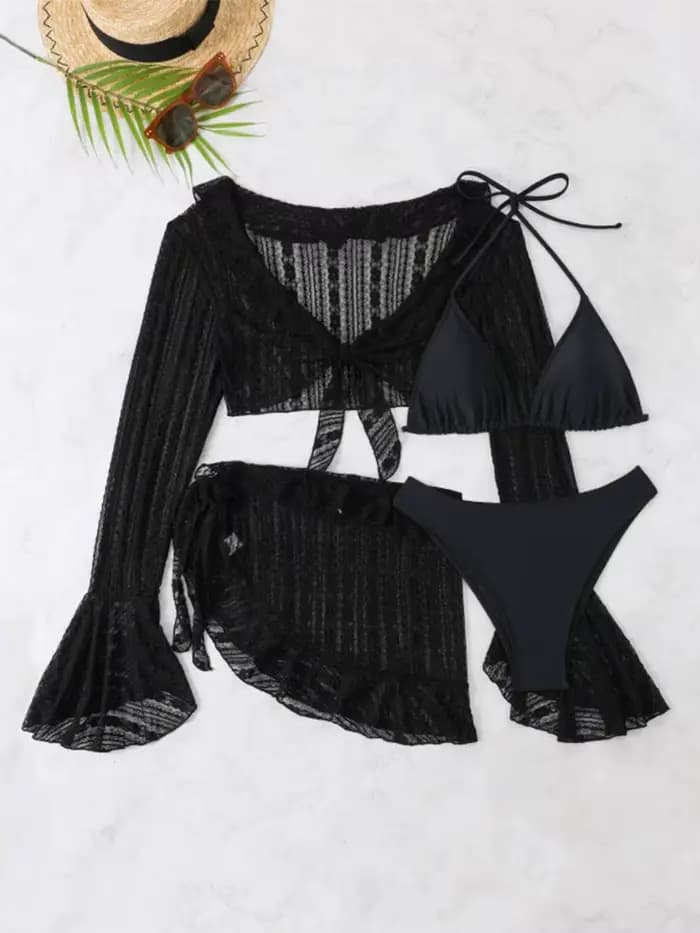Maille Bikini quatre pièces ensemble pour femmes Lingerie Sexy à lacets Transparent hanche paquet jupe tenues 2025 été Chic dame plage ensemble