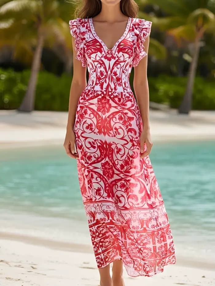 Maillot de bain une pièce à volants et jupe longue imprimée rembourrée 2026 pour femme – Tenue de plage estivale