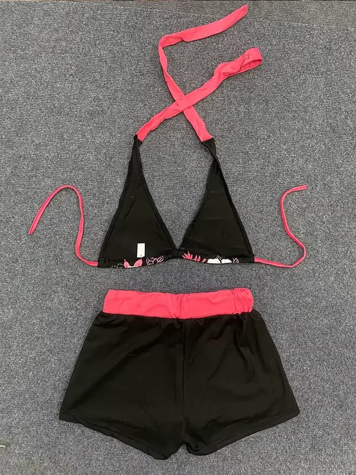 Été plage Ins mode chaude Sexy dames fendu deux pièces Bikini beau Vintage contraste fleur imprimé soutien-gorge à bretelles ensemble short et haut