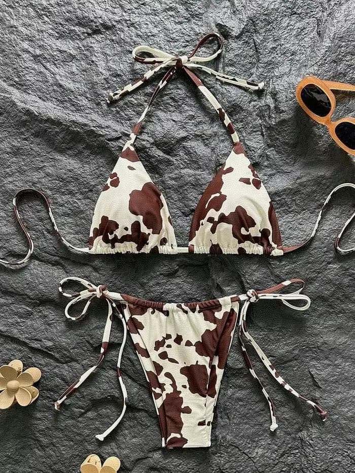 Ensemble Bikini Femme 2026 Été Marron Blanc Imprimé Vache Halter Triangle Liens Latéraux String Maillot de Bain Sexy pour Vacances à la Plage S