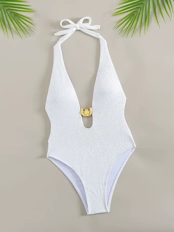 Maillot de bain une pièce blanc, Sexy, décolleté en V profond, boucle en métal, ajouré, dos nu, pour vacances d'été, Monokini, 2025