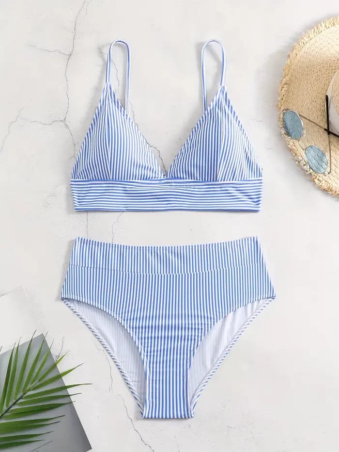 Nouvel ensemble bikini 2026 rayé bleu et blanc taille haute pour femme, maillot de bain deux pièces avec haut triangle à nouer, tenue de plage