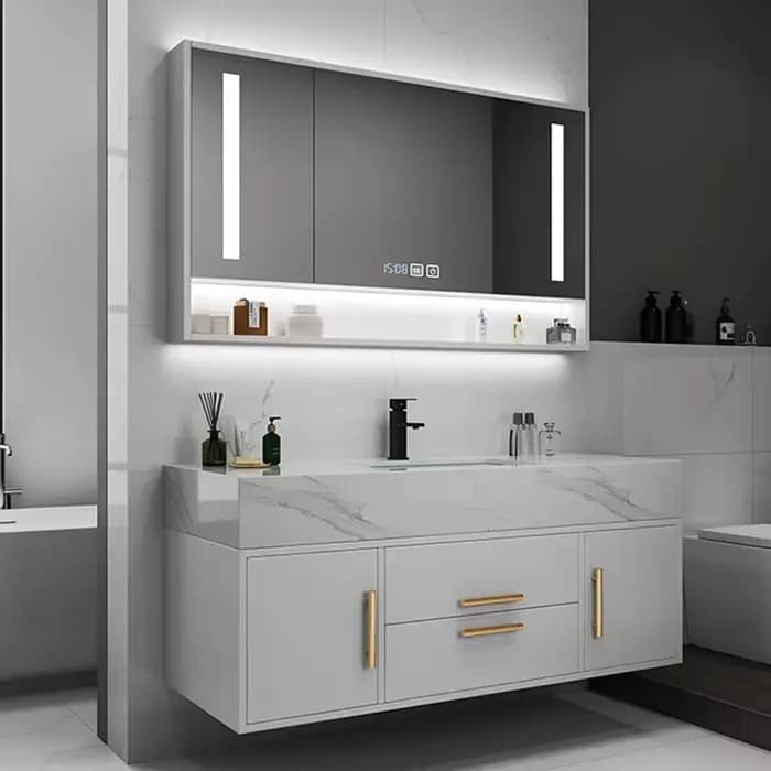 Meuble-lavabo de salle de bain de style européen haut de gamme, armoire noire et blanche de 36 pouces avec lavabo suspendu