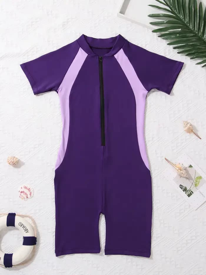 Combinaisons maillot de bain filles manches courtes enfants une pièce maillot de bain fermeture éclair Shorty combinaison enfants éruptions cutanées plage maillots de bain