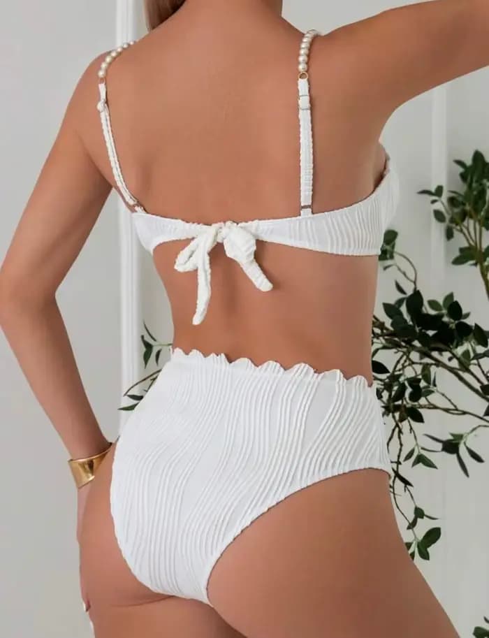 Sexy blanc noir Bikini ensemble 2025 femmes perles sangle volants Push Up taille haute maillot de bain plage maillot de bain deux pièces maillots de bain