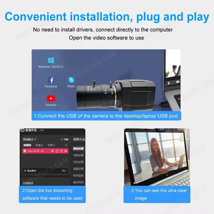 Webcam USB HD 4K avec objectif zoom varifocal 2,8-12 mm, caméra vidéo PC USB 2K 4MP, UVC OTG Plug and Play pour la diffusion en direct