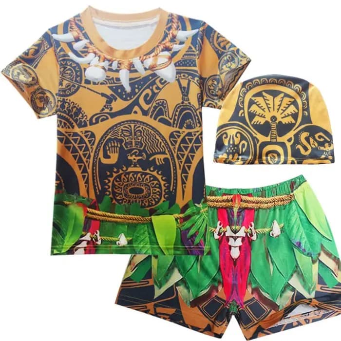 Maillot de bain pour enfants à manches courtes, costume de cosplay Moana Maui, chemise, short, pantalon, bonnet de bain, maillot de bain pour enfants