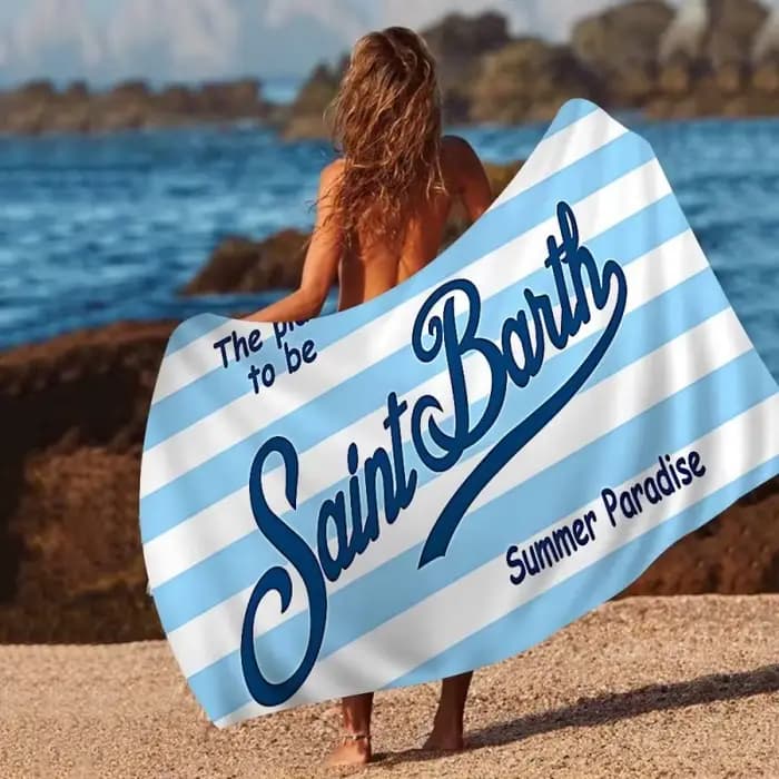Serviette de plage Saint Barth rayée bleue et blanche