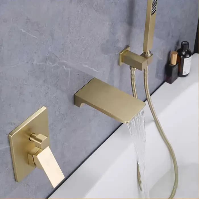 ZAPPO – ensemble de baignoire-douche en or brossé, mitigeur cascade, système de douche mural en laiton massif avec pomme de douche à main
