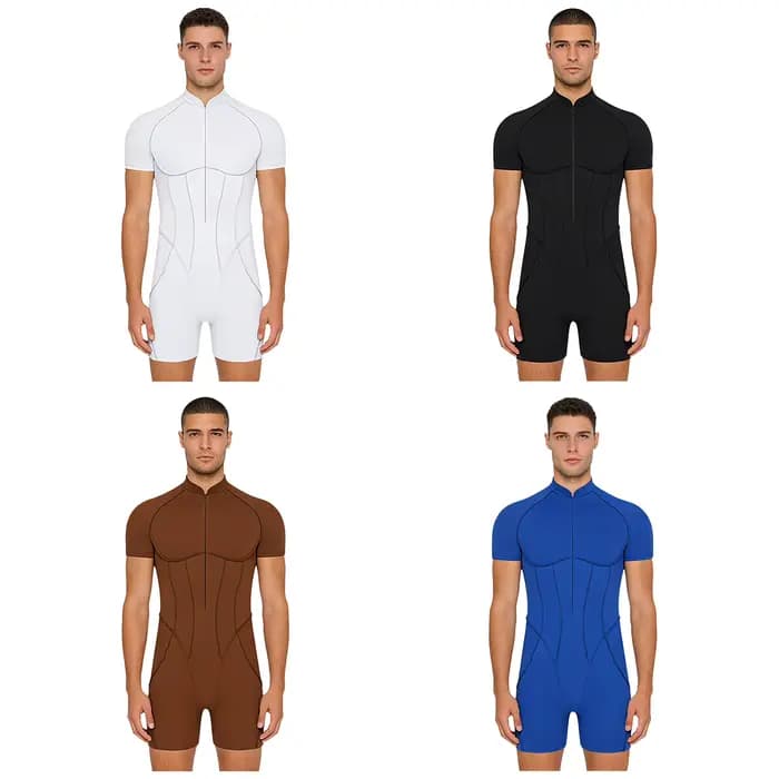 Hommes barboteuses body maillot de bain col montant avant fermeture éclair manches courtes Shorts bas justaucorps combinaison maillots de bain musculation combinaison