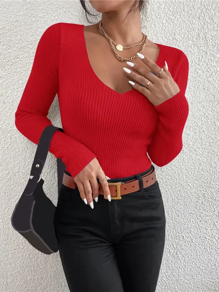 Pull-over Femme Y2K en Maille Côtelée Unie à Col en V et Rayures, Manches Longues, Collection Automne Hiver 2026 – Haut Tendance