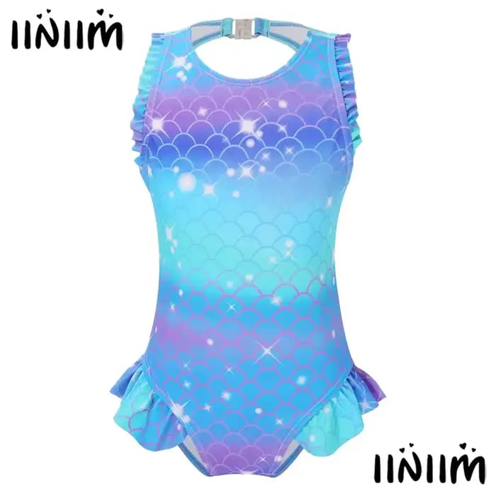 Maillot de bain sirène pour enfants filles, sans manches, imprimé écailles de poisson, à volants, combinaison, piscine, plage, athlétique