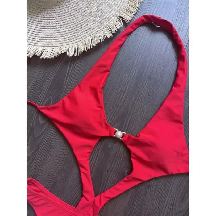 Sexy évider licou une pièce maillot de bain femmes perle métal boucle dos nu à lacets body Bikini 2025 nouveau maillot de bain bain