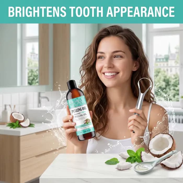 Huile de bain de bouche Coco Menthe pour l'huile pulling, haleine fraîche, éclaircissant, sans alcool, gratte-langue, nettoyage en profondeur, soin des gencives 100ml