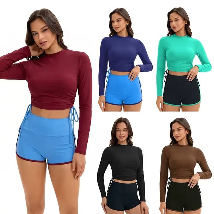 Maillots de bain à manches longues pour femmes, ensemble deux pièces, col montant, protection anti-UV, style modeste pour le surf, couleurs contrastées avec coupe Boyleg