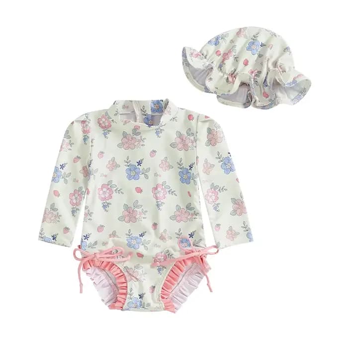 Maillot de bain pour nouveau-né fille, imprimé floral/coquillage, manches longues, col montant, imbibé d'un chapeau, protection contre les éruptions cutanées