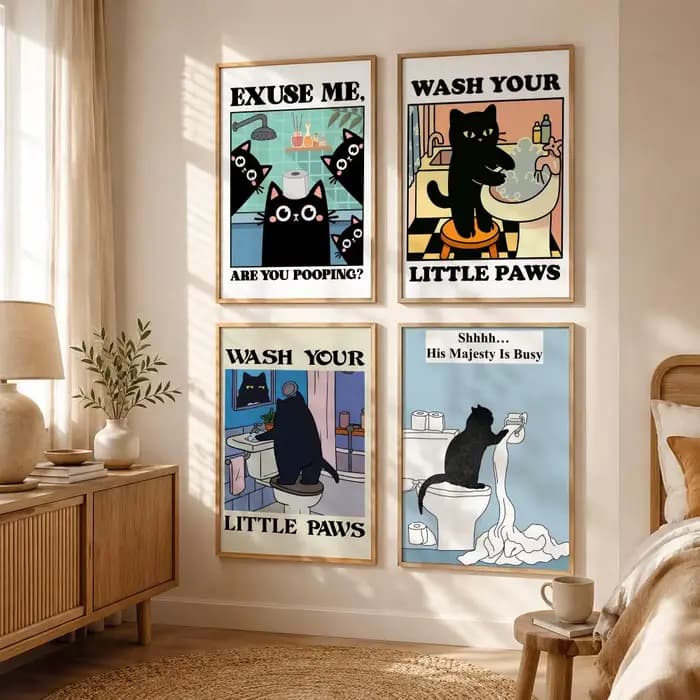 Affiche drôle de chat noir pour salle de bain, autocollant mural auto-adhésif HD imperméable et assorti à toutes les décorations, pour la maison et la chambre à coucher
