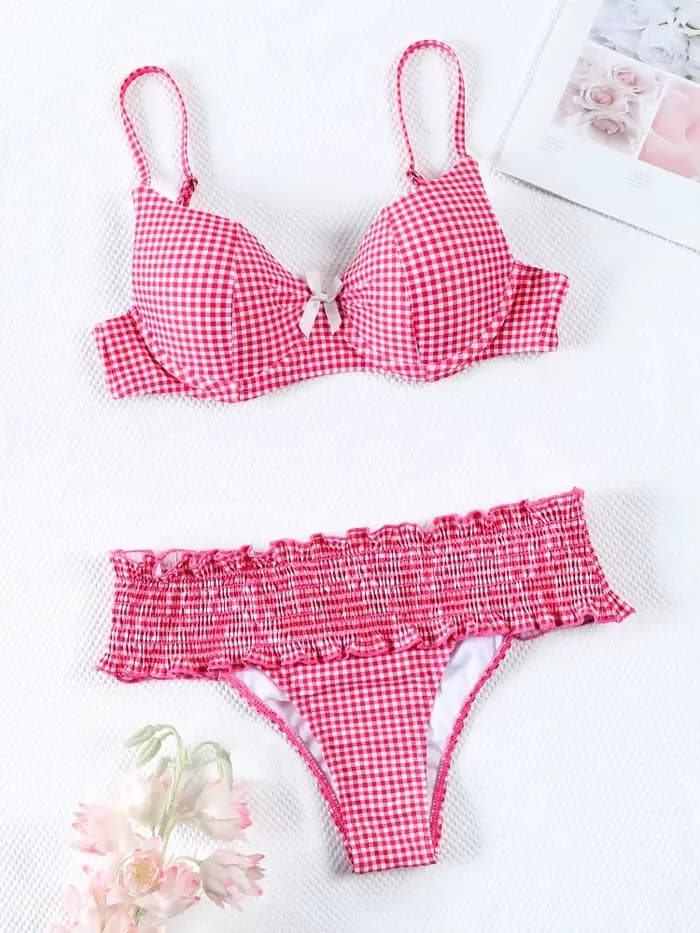 Maillots de bain plissés Miyouj Bow Bikinis 2026 pour femmes, ensemble bikini imprimé à carreaux, maillot de bain sexy push-up, tenue de plage taille basse