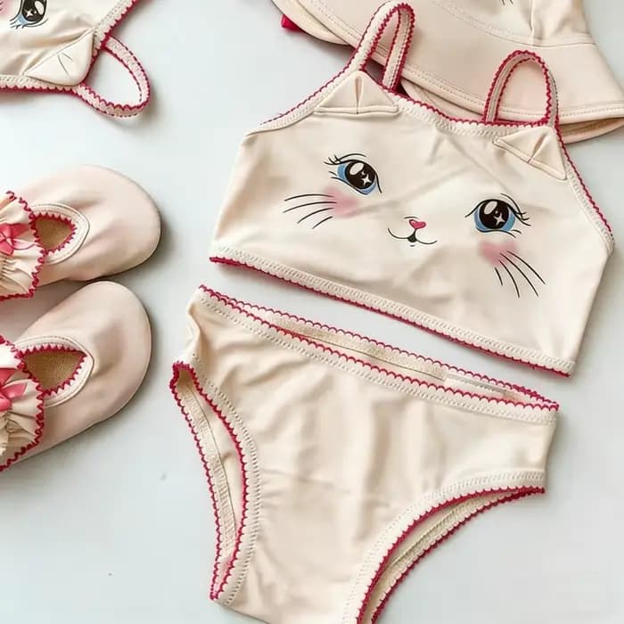 Nouvel ensemble de maillots de bain une pièce et deux pièces pour filles, motif chat mignon, imperméable, collection été 2026