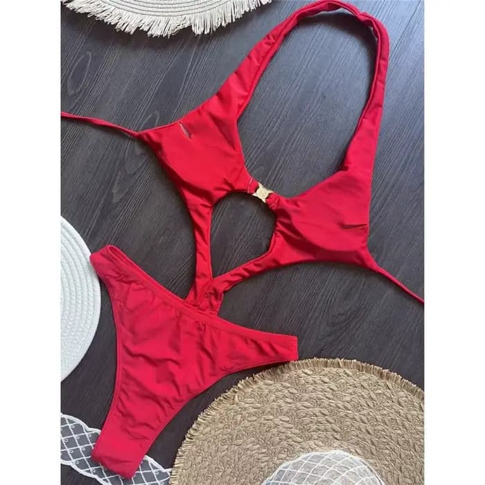Sexy évider licou une pièce maillot de bain femmes perle métal boucle dos nu à lacets body Bikini 2025 nouveau maillot de bain bain