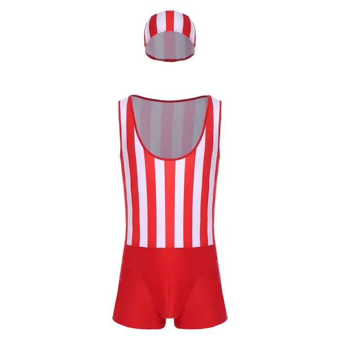 Maillot de bain une pièce pour hommes, à séchage rapide, avec bonnet de bain, décolleté bas, sans manches, rayé, pour la plage et la natation