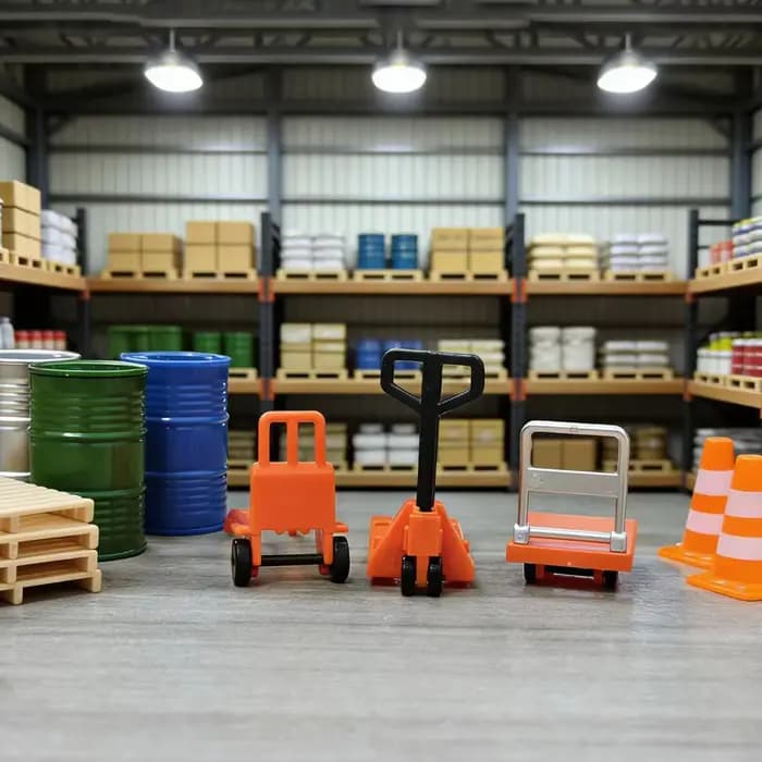 12 accessoires miniatures pour scènes logistiques : mini-chariot à main / chariot élévateur / baril d'huile / palette en bois / cône de signalisation.