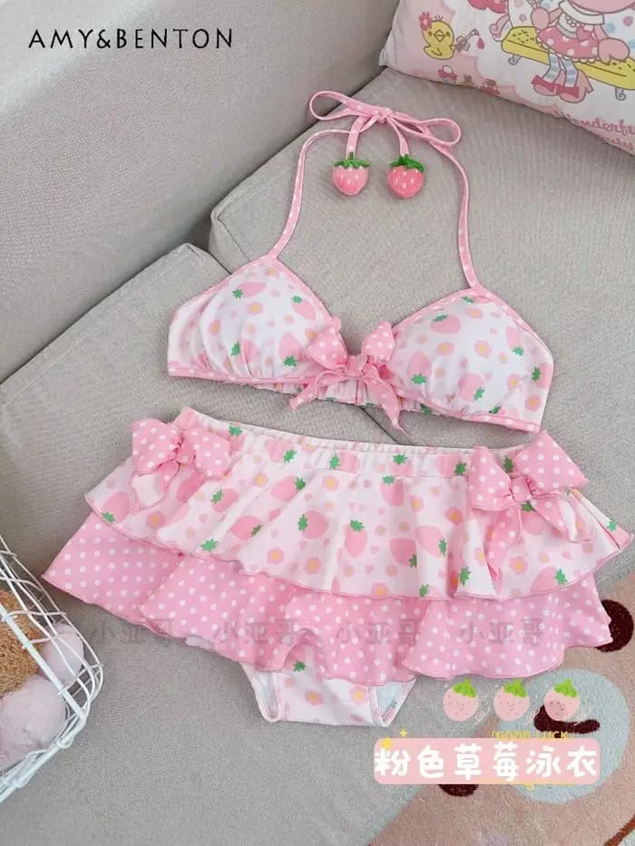 Kawaii dessin animé fraise imprimé deux pièces jupe maillot de bain mignon princesse Style Bikini