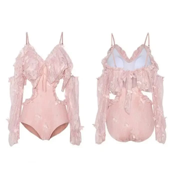 Maillot de bain une pièce rose, Sexy, avec dentelle, manches longues, nœud papillon, détails à volants, doux et mignon, costume pour femmes, à la mode