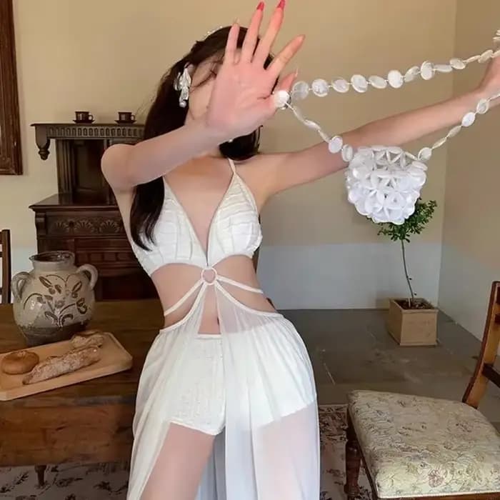 Maillot bain à col licou pour femmes, avec robe plage transparente, triangulaire, col en V, ensemble avec short pour 69HD