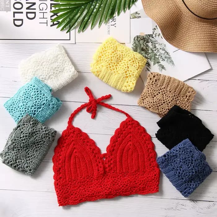Nouveau Sexy Bikini haut court Crochet Boho plage Camisoles Bikini Bralette licou Cami tricoté soutien-gorge femmes dos nu maillots de bain débardeur