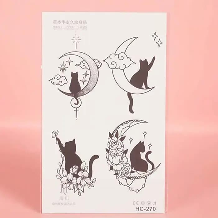 Lune et chat noir, imperméable longue durée 1-2 semaines, tatouage temporaire, faux tatouage semi-permanent réaliste