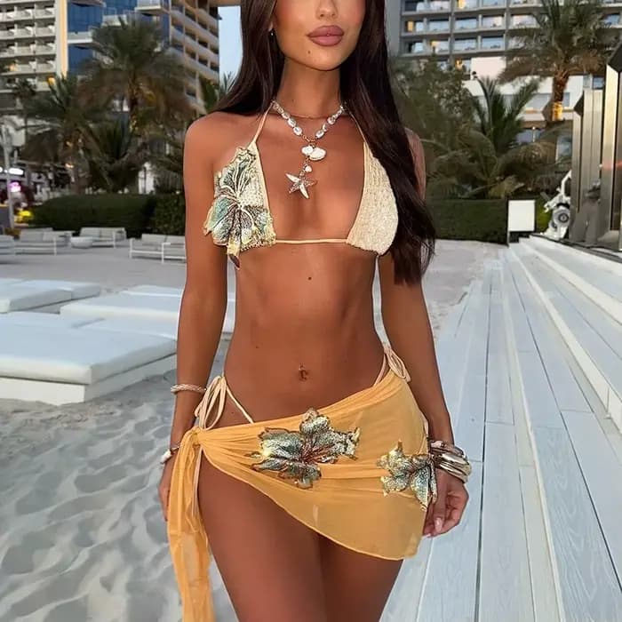 Applique taille basse Sexy 3 pièces ensemble de Bikini-maillot de bain de vacances à la plage pour femmes modeste