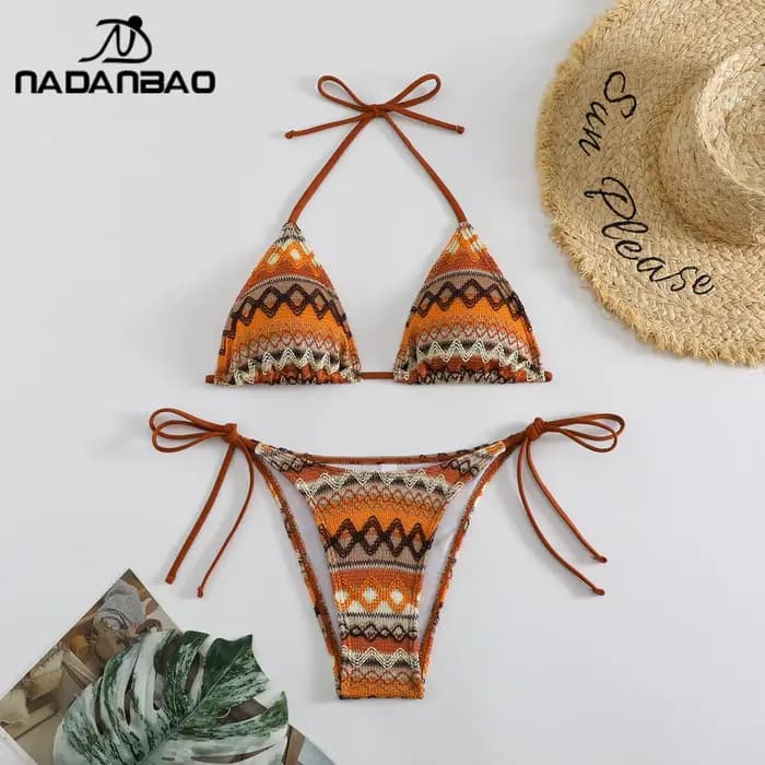 Nadanbao Sexy tricot imprimé fleuri Bikini ensembles maillots de bain femmes marron dos nu mode maillot