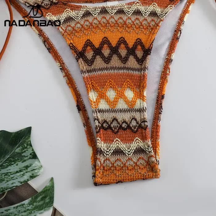Nadanbao Sexy tricot imprimé fleuri Bikini ensembles maillots de bain femmes marron dos nu mode maillot