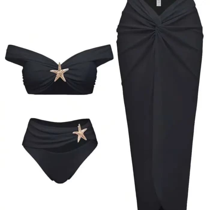 Ensemble de bikini sexy pour femmes, vêtements de plage, bikini étoile de mer métallique, jupes longues plissées, ensembles trois pièces, style de vacances pour filles sexy, maillot de bain