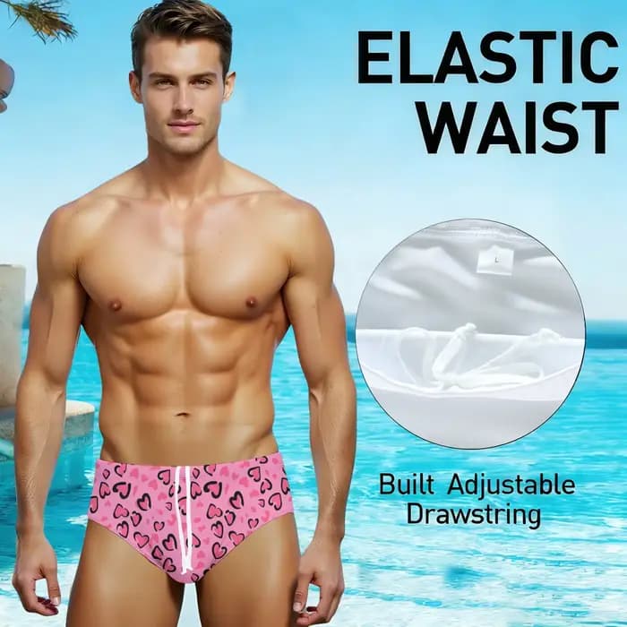 Maillot de bain sexy pour homme à imprimé léopard cœur rose
