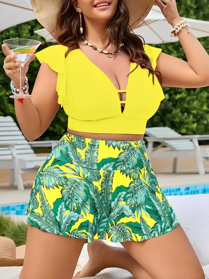 Maillot de bain deux pièces grande taille 2026 pour femme avec jupe de plage à volants – Tenue