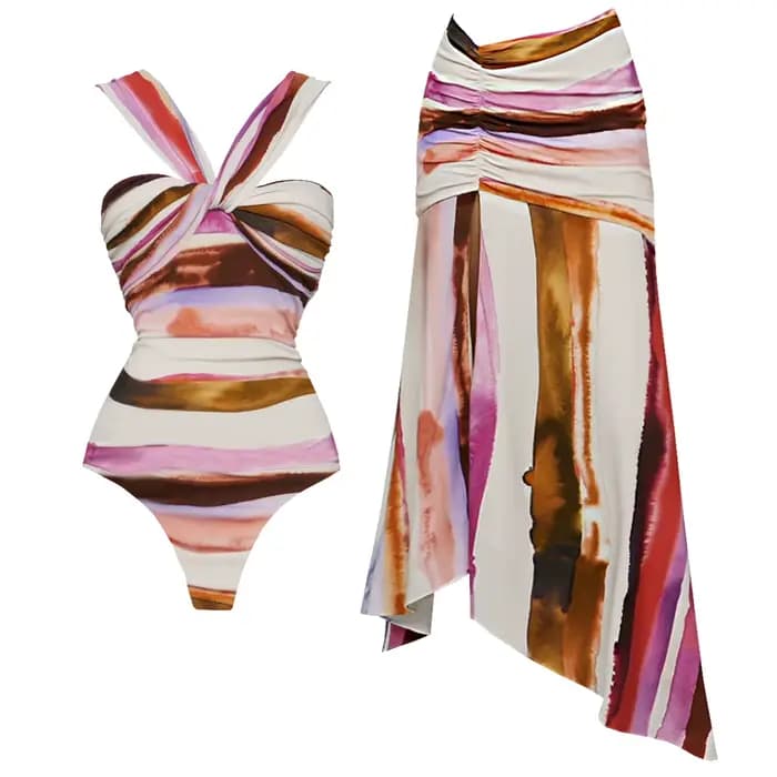 2 pièces maillot de bain rayé avec jupe longue Sexy femmes Bikini