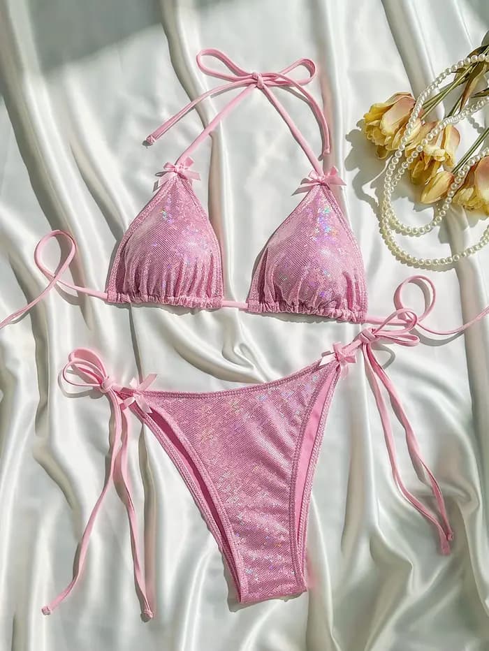 Ensemble bikini dos nu à sequins brillants pour femme 2026, maillot de bain deux pièces brésilien, tenue de plage